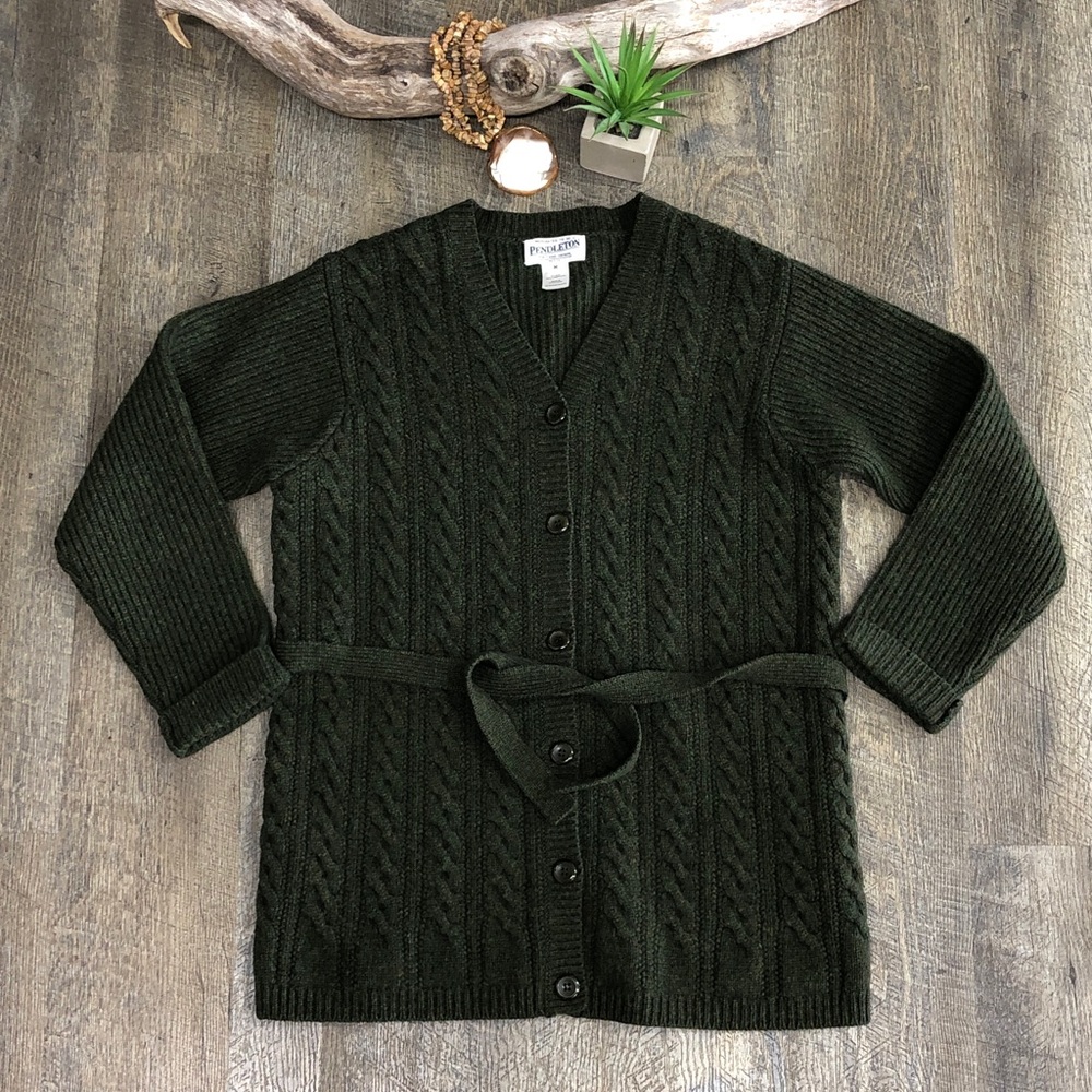 Pendleton Olive Army Green Cable Knit Cardigan Lambswool Button Front Sweater
